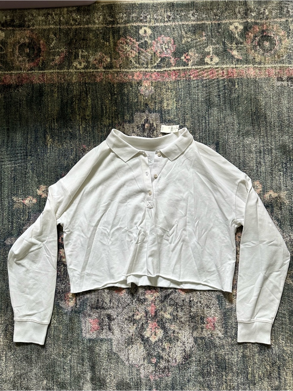 aerie Preppy White Cropped Long-Sleeve Polo Top NWT Size Small Clean Girl Chic